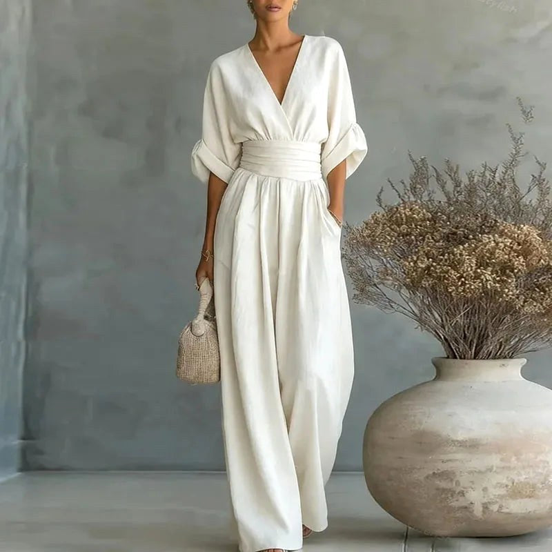 Grace | Women's Surplice V-Neck Wide-Leg Jumpsuit, Wrap-Front One-Piece | Dressific | White