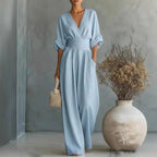 Grace | Women's Surplice V-Neck Wide-Leg Jumpsuit, Wrap-Front One-Piece | Dressific | Sky Blue