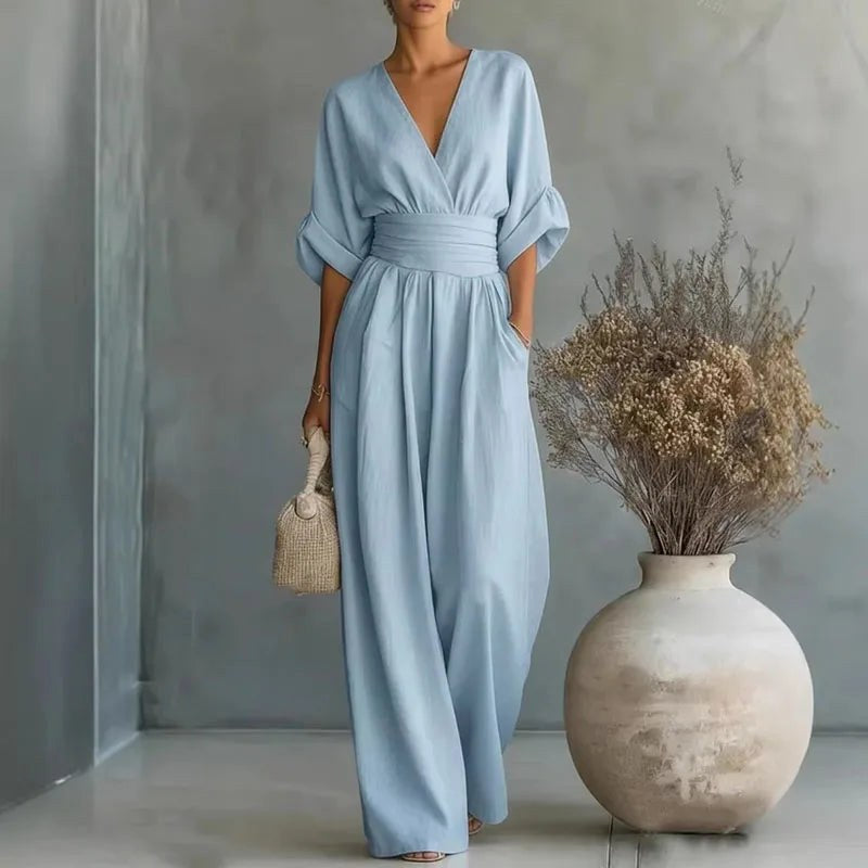 Grace | Women's Surplice V-Neck Wide-Leg Jumpsuit, Wrap-Front One-Piece | Dressific | Sky Blue