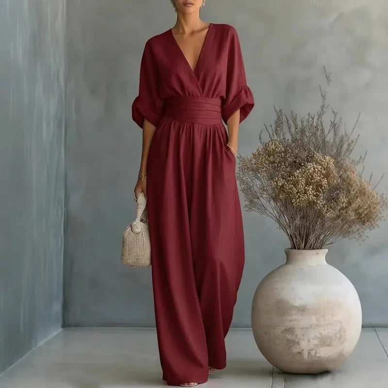 Grace | Women's Surplice V-Neck Wide-Leg Jumpsuit, Wrap-Front One-Piece | Dressific | Wine Red