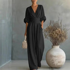 Grace | Women's Surplice V-Neck Wide-Leg Jumpsuit, Wrap-Front One-Piece | Dressific | Black