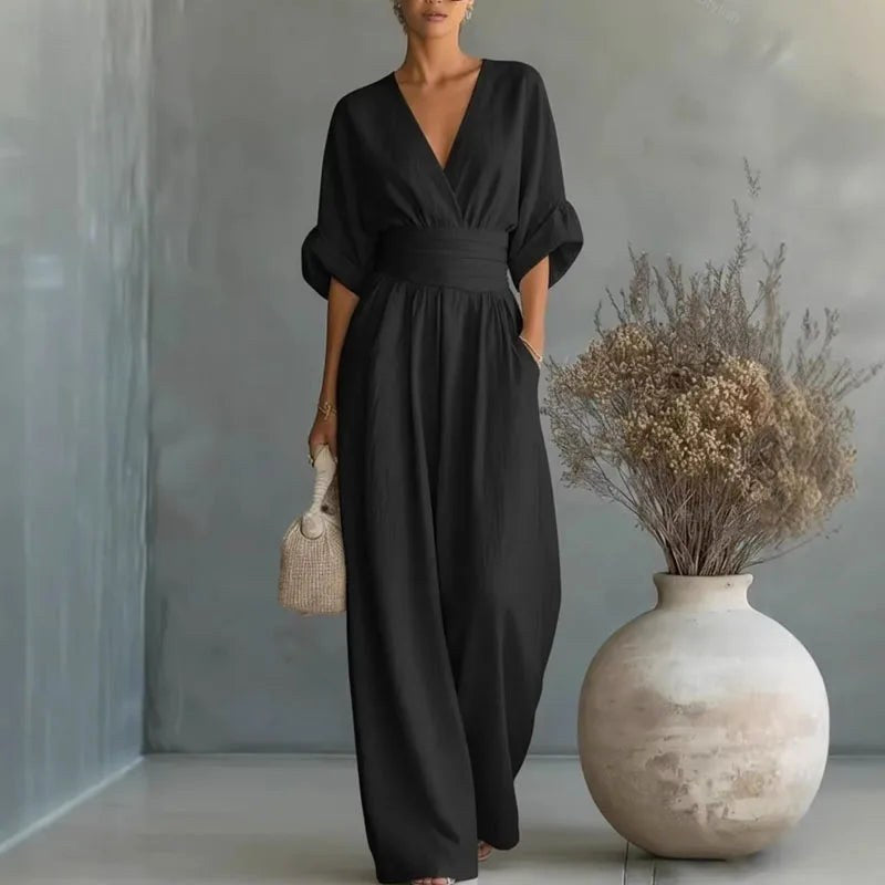 Grace | Women's Surplice V-Neck Wide-Leg Jumpsuit, Wrap-Front One-Piece | Dressific | Black