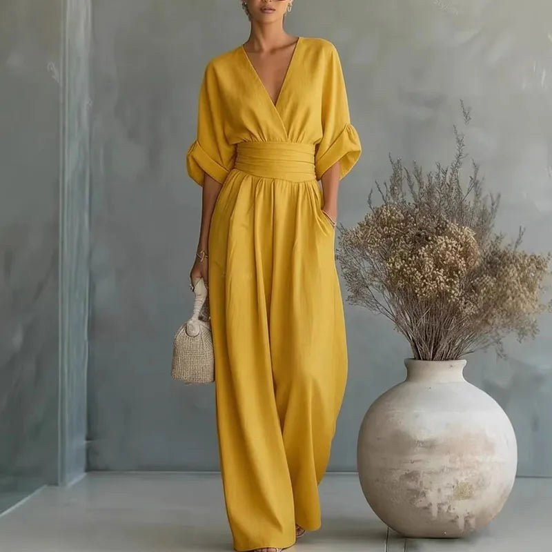 Grace | Women's Surplice V-Neck Wide-Leg Jumpsuit, Wrap-Front One-Piece | Dressific | Yellow
