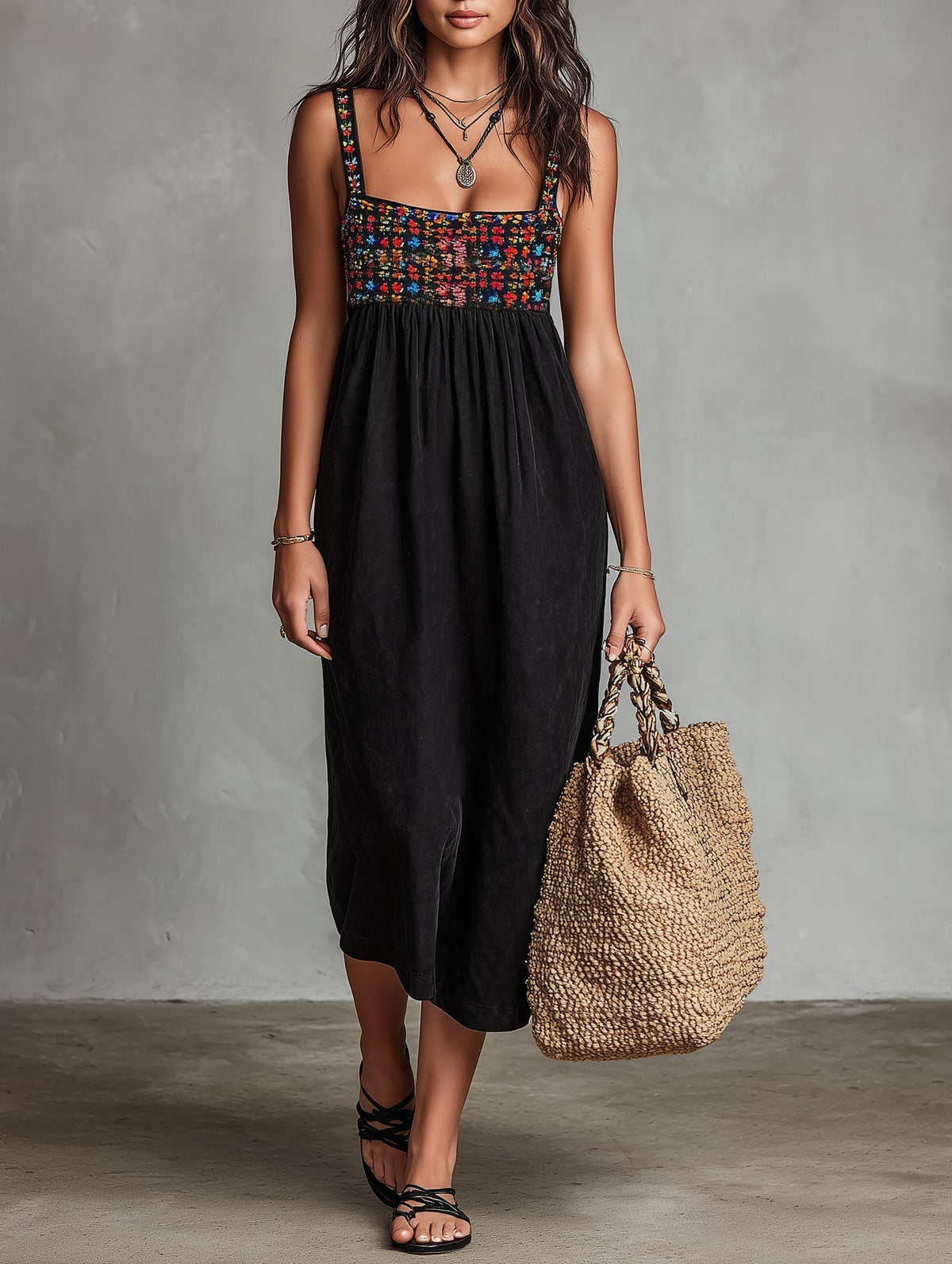Hadley | Women's Faux Suede Embroidered Midi Dress, Flattering Summer Dress for Holidays and Everyday Wear, Flattering Summer Dress for Holidays and Everyday Wear - Black