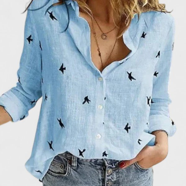 Harper | Women's Linen Button Down Shirt with Lapel Collar - Blue 2