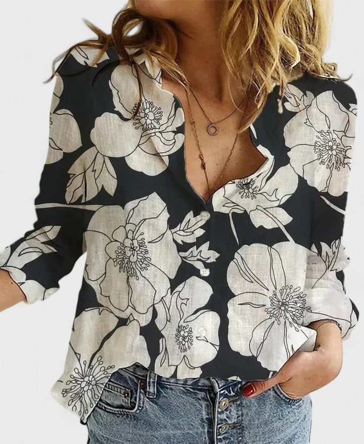 Harper | Women's Linen Button Down Shirt with Lapel Collar - Black 2
