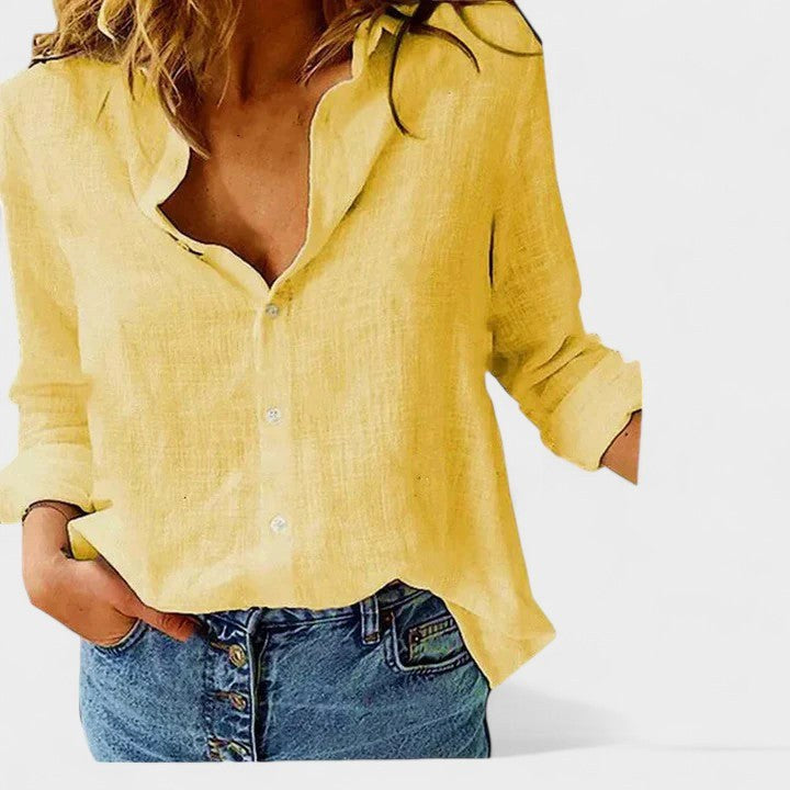 Harper | Women's Linen Button Down Shirt with Lapel Collar - Yellow