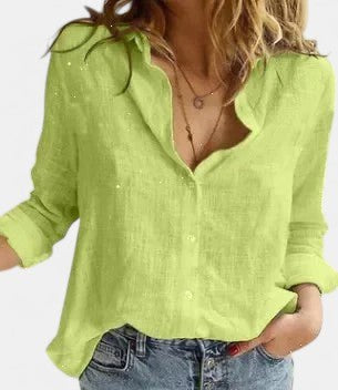Harper | Women's Linen Button Down Shirt with Lapel Collar - Green