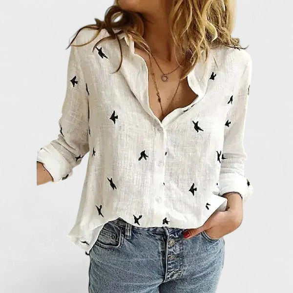 Harper | Women's Linen Button Down Shirt with Lapel Collar - White 2