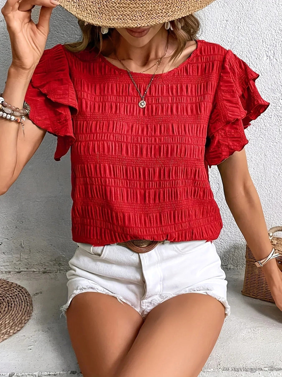 Harper | Women's Smocked Bodice Short Sleeve Top, Lightweight Summer Top for Holidays and Casual Wear, Lightweight Summer Top for Holidays and Casual Wear - Red
