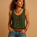 Hayley | Women's Sleeveless V-Neck Top with Button Detail, Relaxed Fit Summer Top | Dressific | Groen