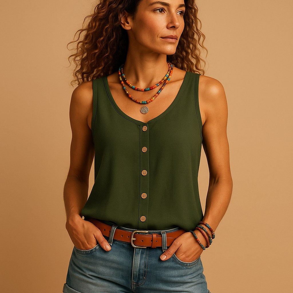 Hayley | Women's Sleeveless V-Neck Top with Button Detail, Relaxed Fit Summer Top | Dressific | Groen