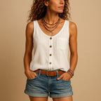 Hayley | Women's Sleeveless V-Neck Top with Button Detail, Relaxed Fit Summer Top | Dressific | Zwart