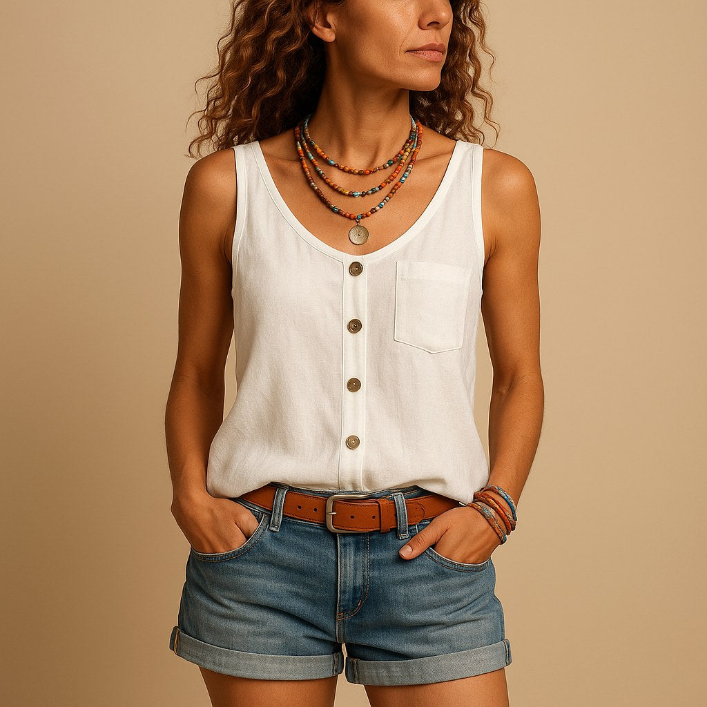 Hayley | Women's Sleeveless V-Neck Top with Button Detail, Relaxed Fit Summer Top | Dressific | Zwart
