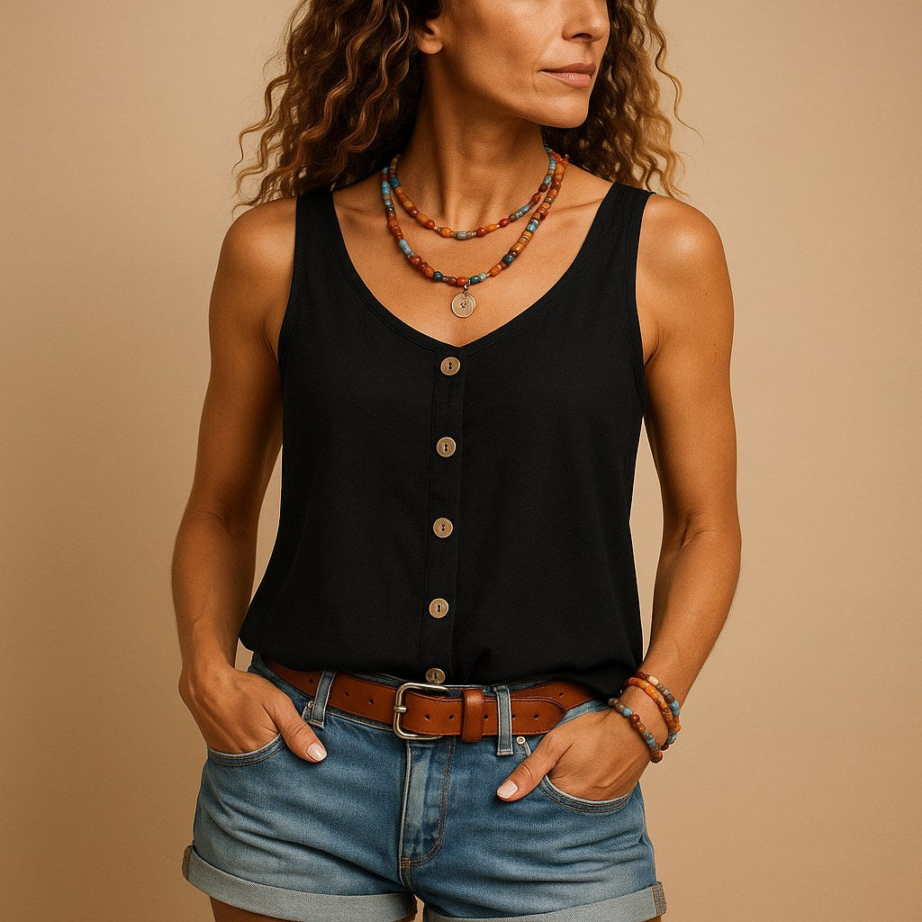 Hayley | Women's Sleeveless V-Neck Top with Button Detail, Relaxed Fit Summer Top | Dressific | Grijs