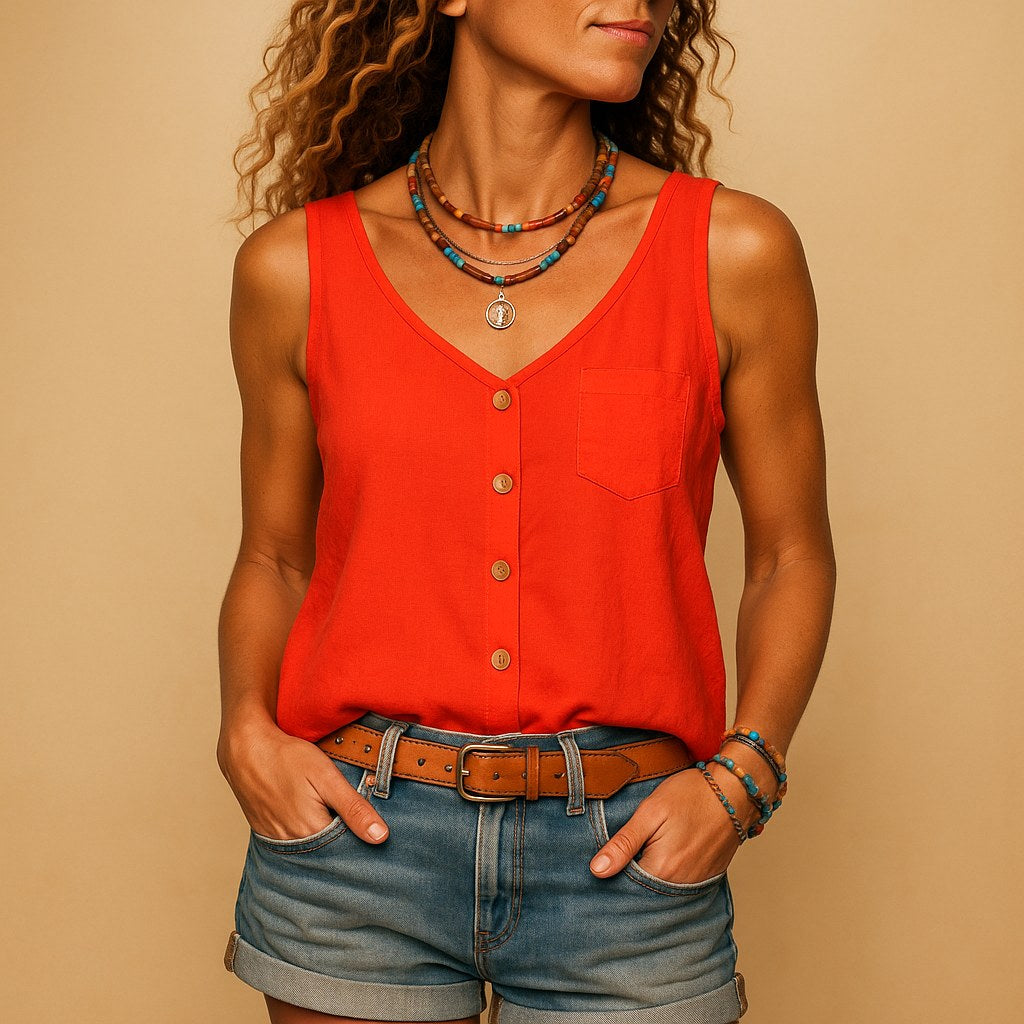 Hayley | Women's Sleeveless V-Neck Top with Button Detail, Relaxed Fit Summer Top | Dressific | Lichtgroen