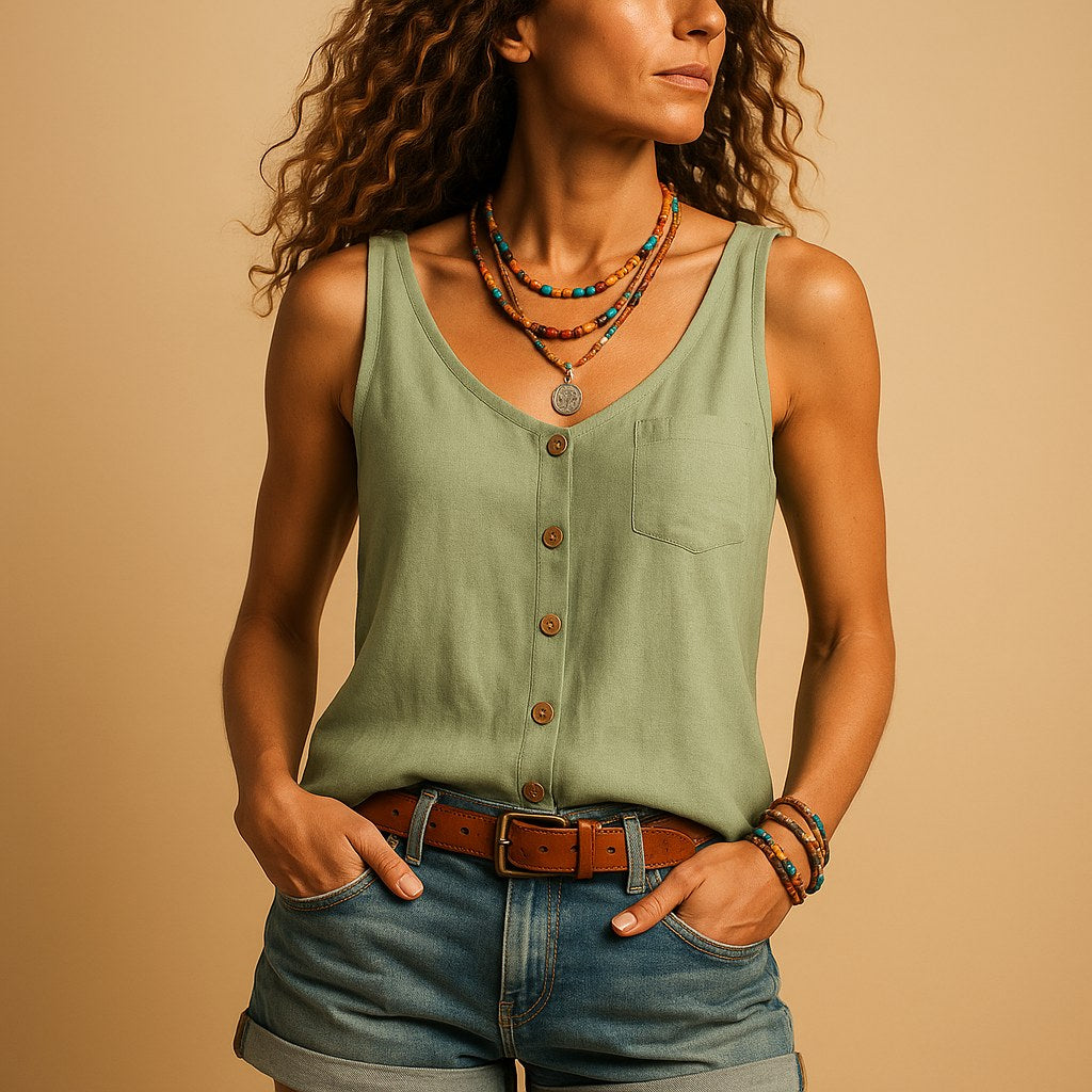 Hayley | Women's Sleeveless V-Neck Top with Button Detail, Relaxed Fit Summer Top | Dressific