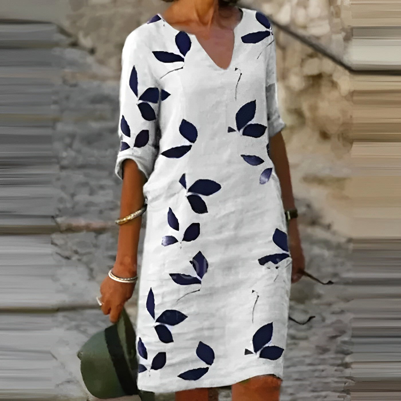 Holly | Women's Leaf-Print Midi Dress, Fluid Silhouette Autumn Dress | Dressific