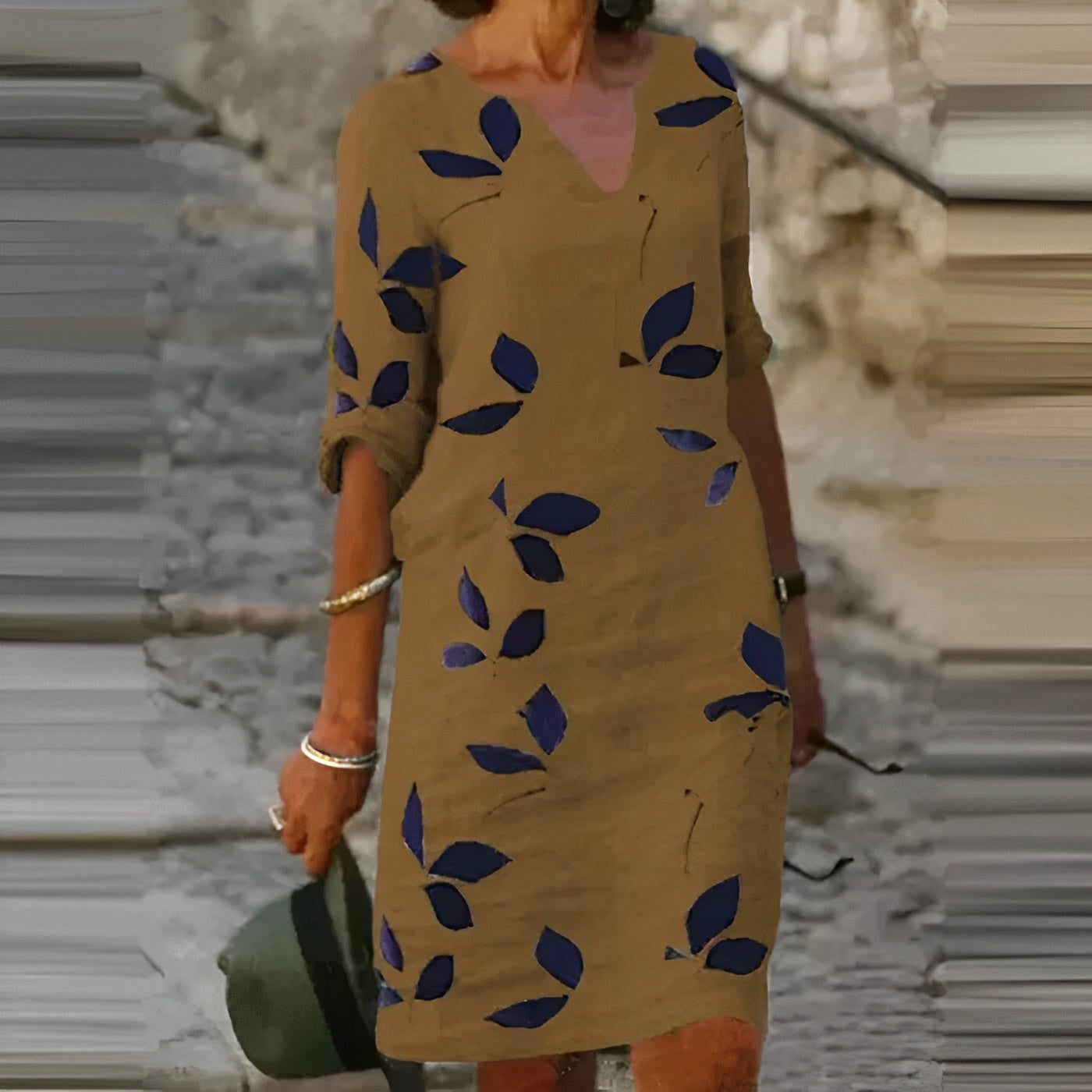 Holly | Women's Leaf-Print Midi Dress, Fluid Silhouette Autumn Dress | Dressific