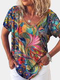 Ida | Women's Abstract Print V-Neck Short Sleeve Tee, Lightweight Summer Top for Holidays and Casual Wear, Lightweight Summer Top for Holidays and Casual Wear - Multi