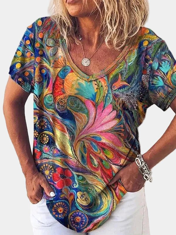 Ida | Women's Abstract Print V-Neck Short Sleeve Tee, Lightweight Summer Top for Holidays and Casual Wear, Lightweight Summer Top for Holidays and Casual Wear - Multi