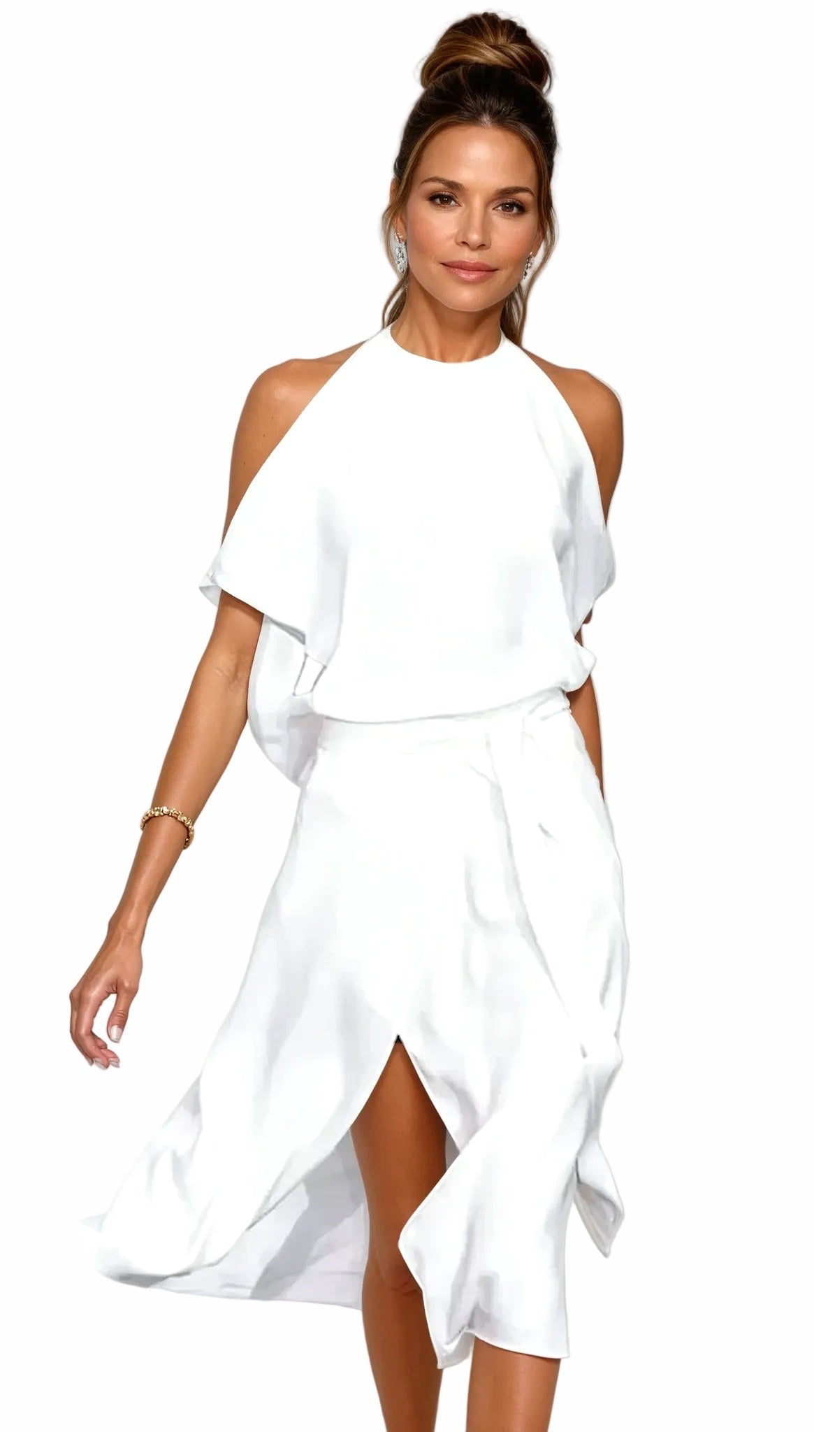 Isla | Women's Halter Midi Dress with Cold Shoulder Sleeves, Wrap-Front Evening Dress | Dressific | White