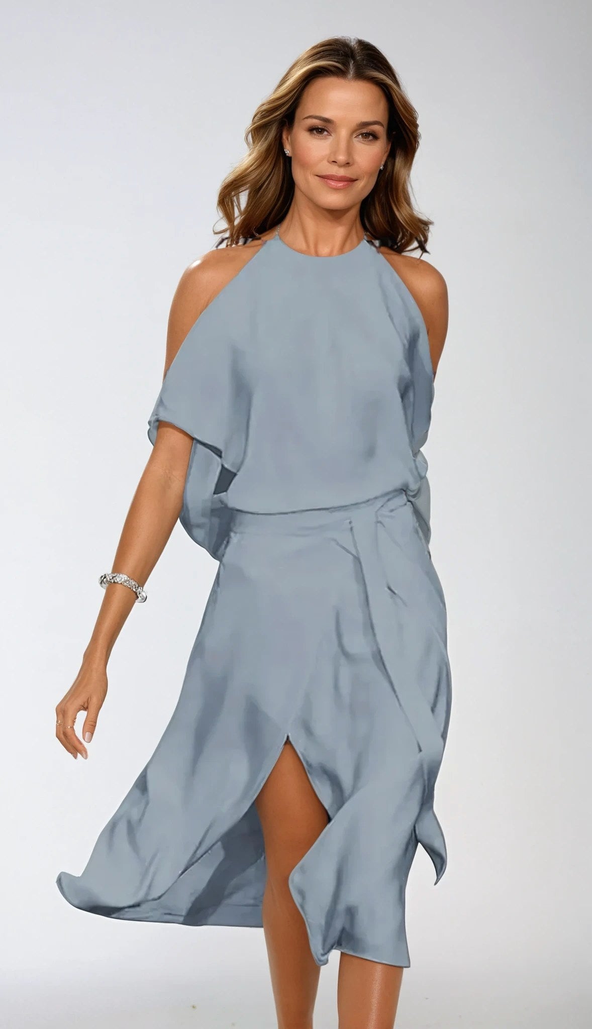 Isla | Women's Halter Midi Dress with Cold Shoulder Sleeves, Wrap-Front Evening Dress | Dressific | Gray