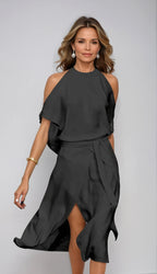 Isla | Women's Halter Midi Dress with Cold Shoulder Sleeves, Wrap-Front Evening Dress | Dressific | Black