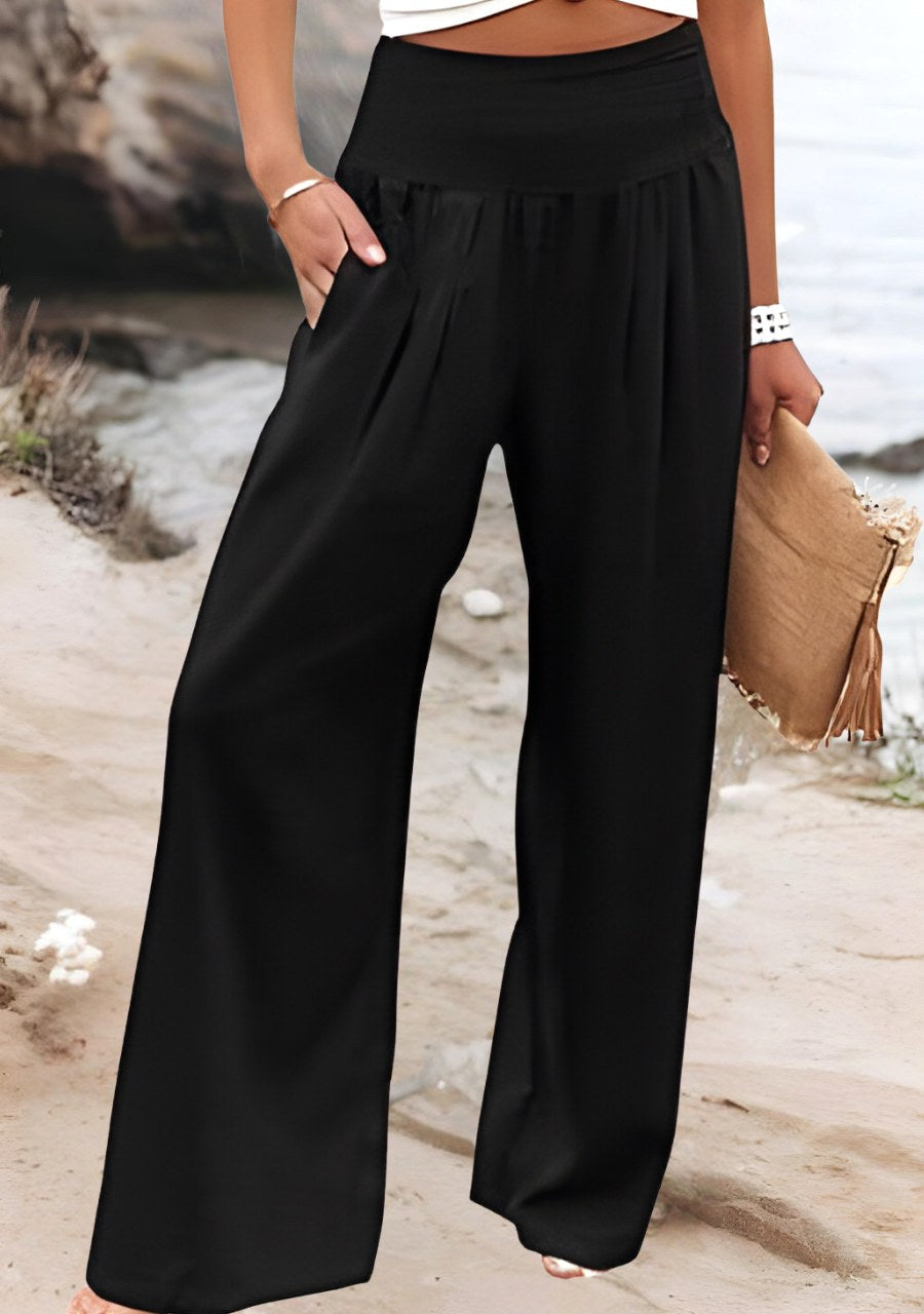 Isla | Women's High-Waist Wide-Leg Linen Trousers, Comfortable Summer Trousers for Travel and Everyday Wear - Black