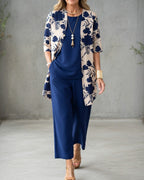 Jacinta | Women's Three-Piece Floral Blazer Set, Wide-Leg Trouser Suit | Dressific | Azul