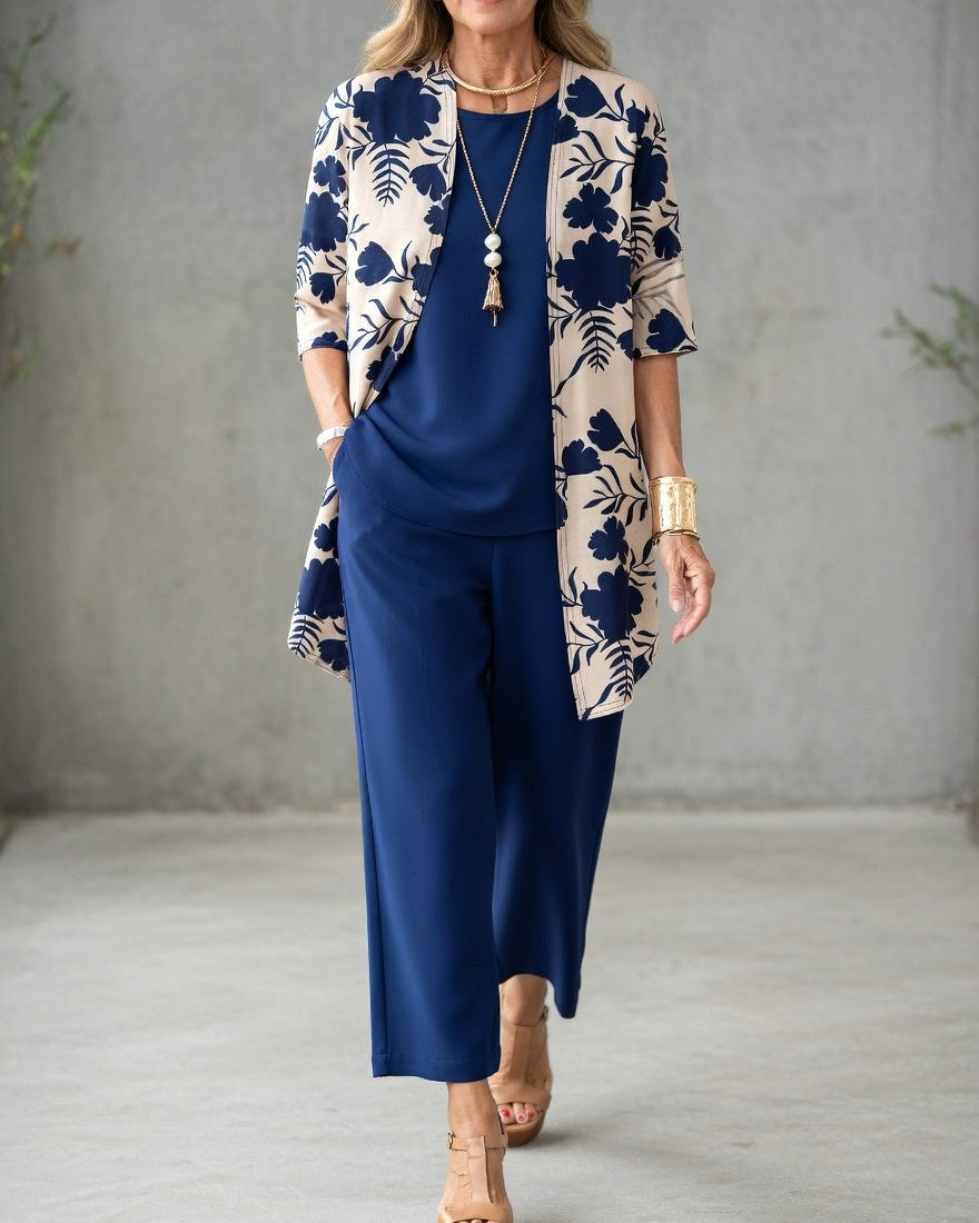 Jacinta | Women's Three-Piece Floral Blazer Set, Wide-Leg Trouser Suit | Dressific | Azul