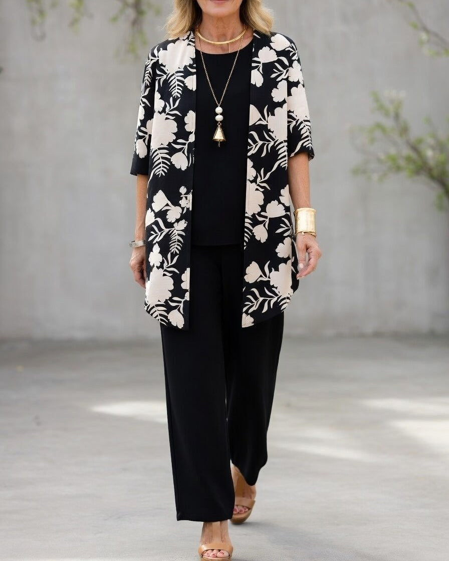 Jacinta | Women's Three-Piece Floral Blazer Set, Wide-Leg Trouser Suit | Dressific | Negro