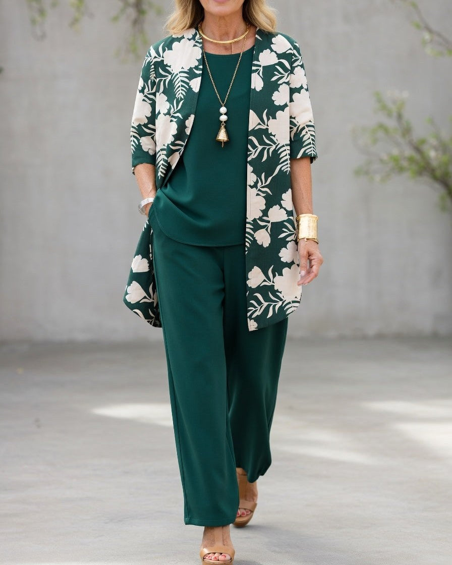 Jacinta | Women's Three-Piece Floral Blazer Set, Wide-Leg Trouser Suit | Dressific