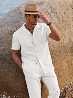 Jarrah | Men's Camp Collar Shirt and Trousers Set, Lightweight Two-Piece Set | Dressific | Khaki