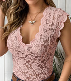 Jasmine | Women's Fitted Lace Top with V-Neckline, Short Sleeve Blouse | Dressific