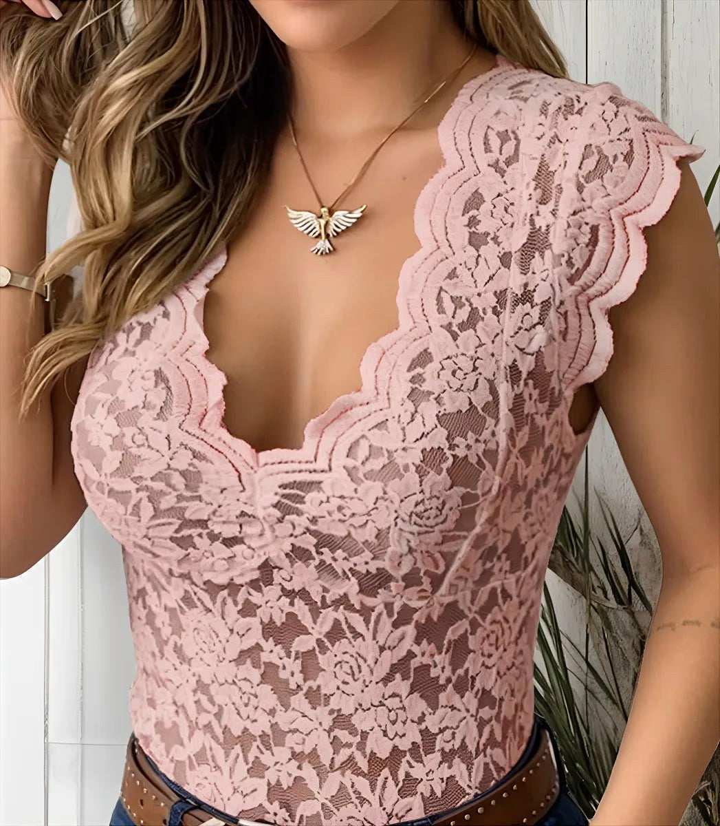 Jasmine | Women's Fitted Lace Top with V-Neckline, Short Sleeve Blouse | Dressific