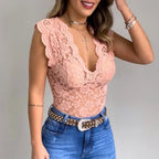 Jasmine | Women's Fitted Lace Top with V-Neckline, Short Sleeve Blouse | Dressific