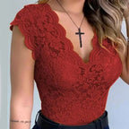 Jasmine | Women's Fitted Lace Top with V-Neckline, Short Sleeve Blouse | Dressific