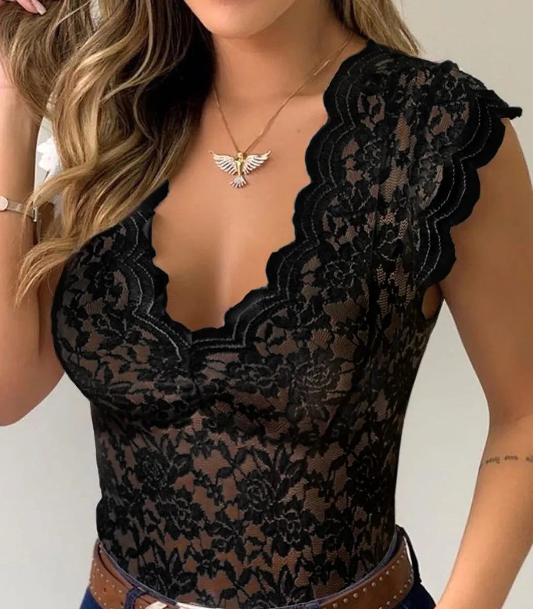 Jasmine | Women's Fitted Lace Top with V-Neckline, Short Sleeve Blouse | Dressific