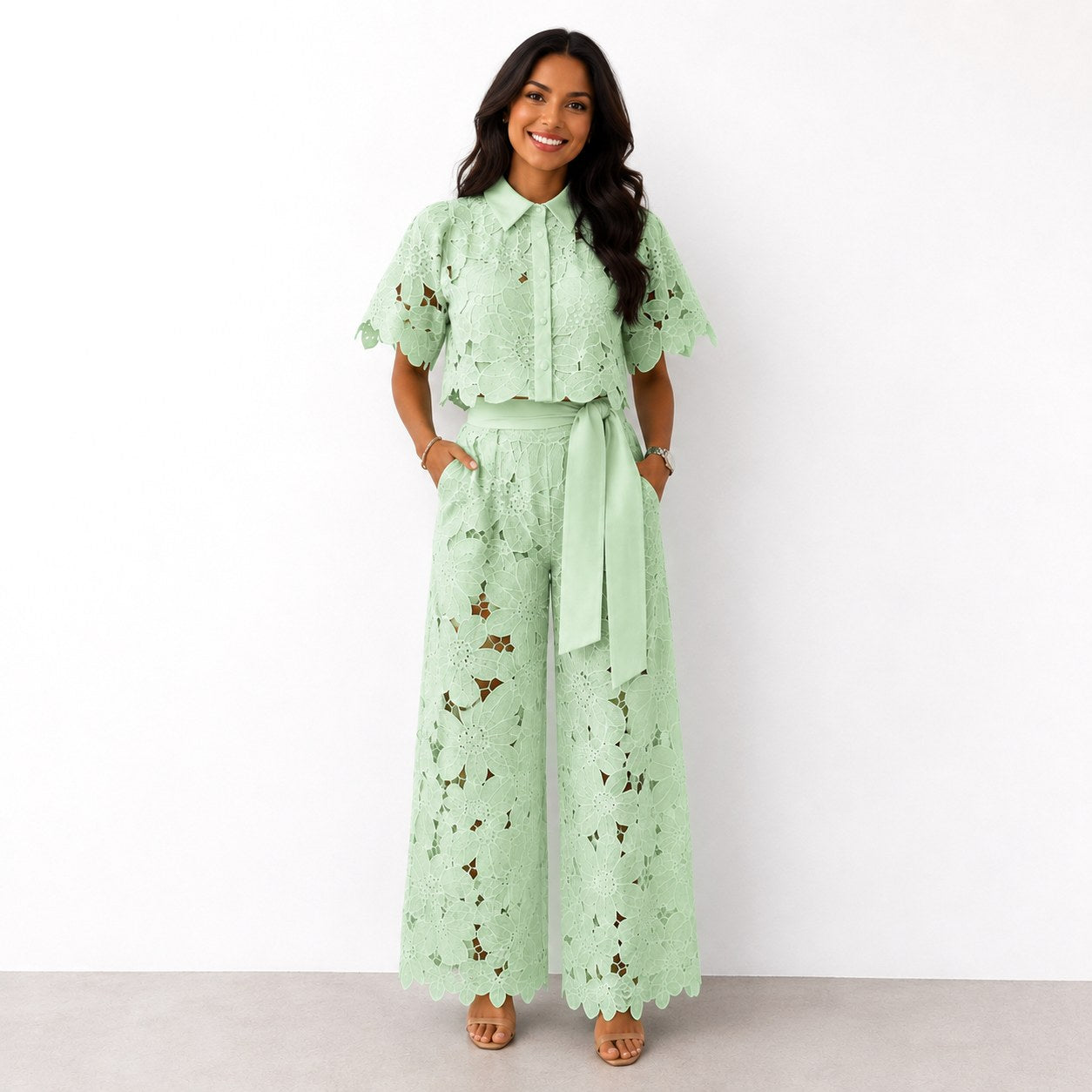 Jasmine | Women's Floral Lace Two-Piece Set, Flowing Trouser Suit | Dressific