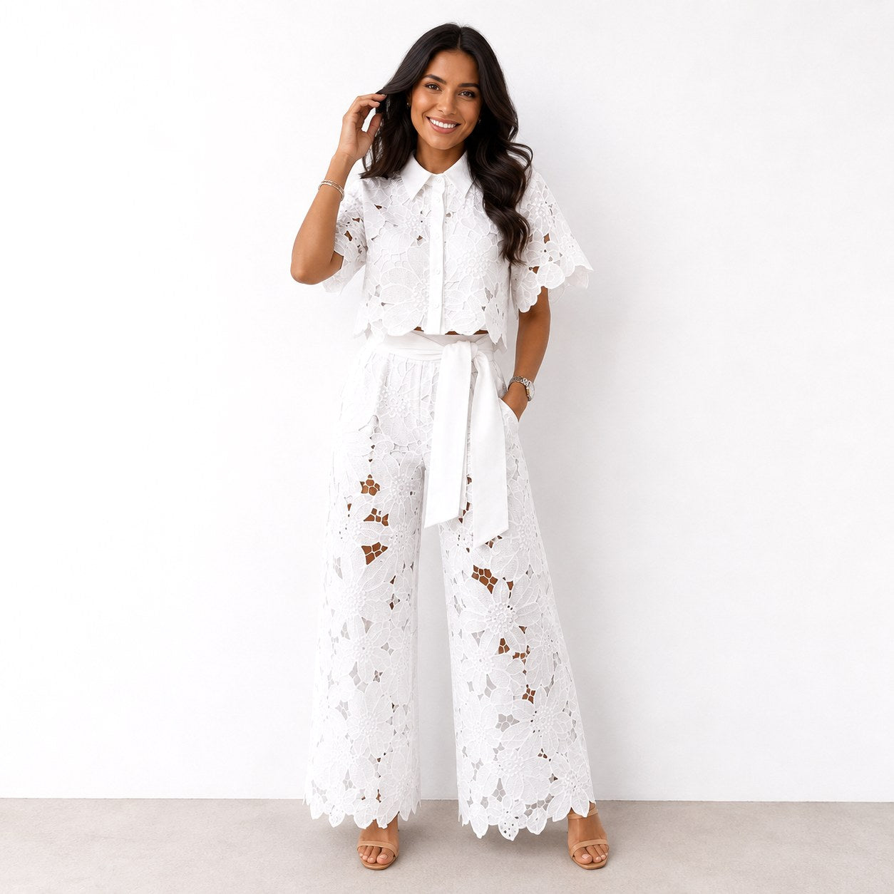 Jasmine | Women's Floral Lace Two-Piece Set, Flowing Trouser Suit | Dressific