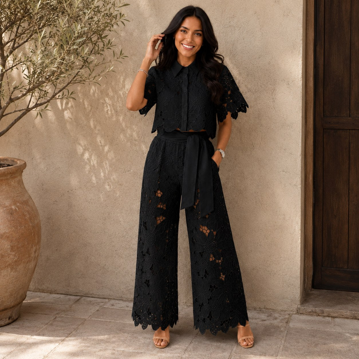Jasmine | Women's Floral Lace Two-Piece Set, Flowing Trouser Suit | Dressific