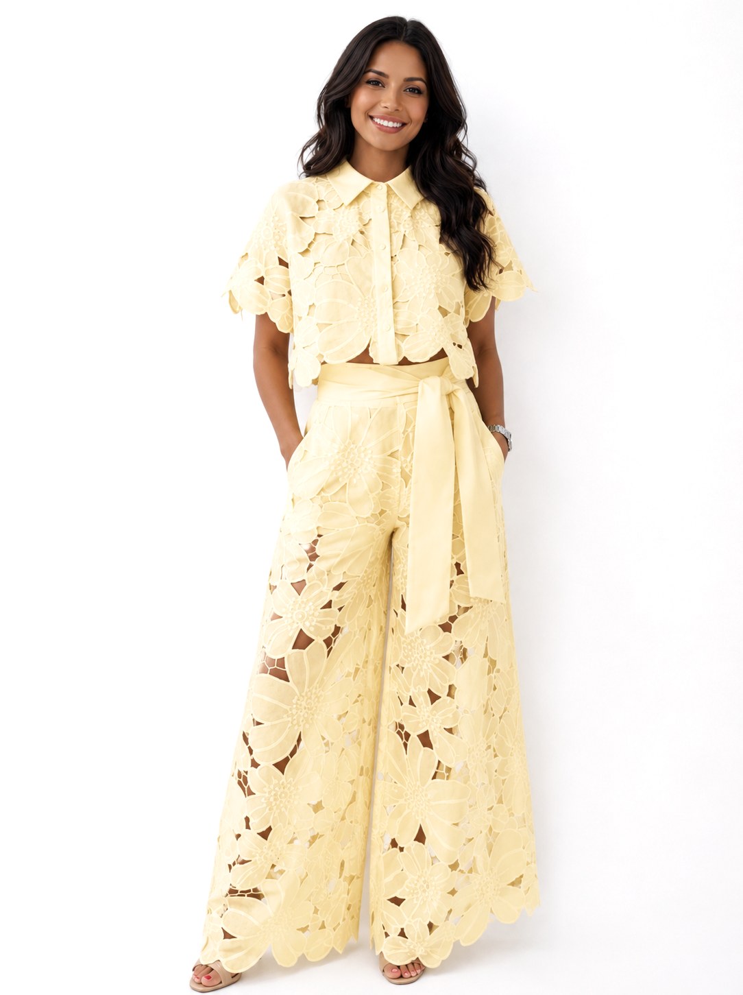 Jasmine | Women's Floral Lace Two-Piece Set, Flowing Trouser Suit | Dressific