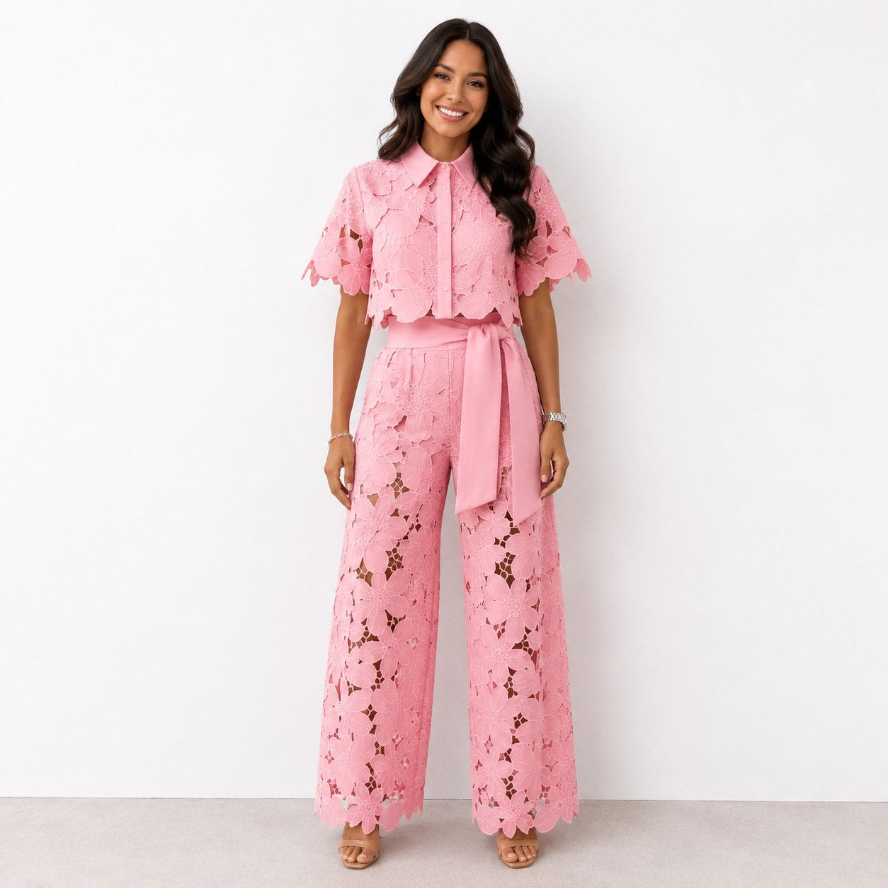 Jasmine | Women's Floral Lace Two-Piece Set, Flowing Trouser Suit | Dressific