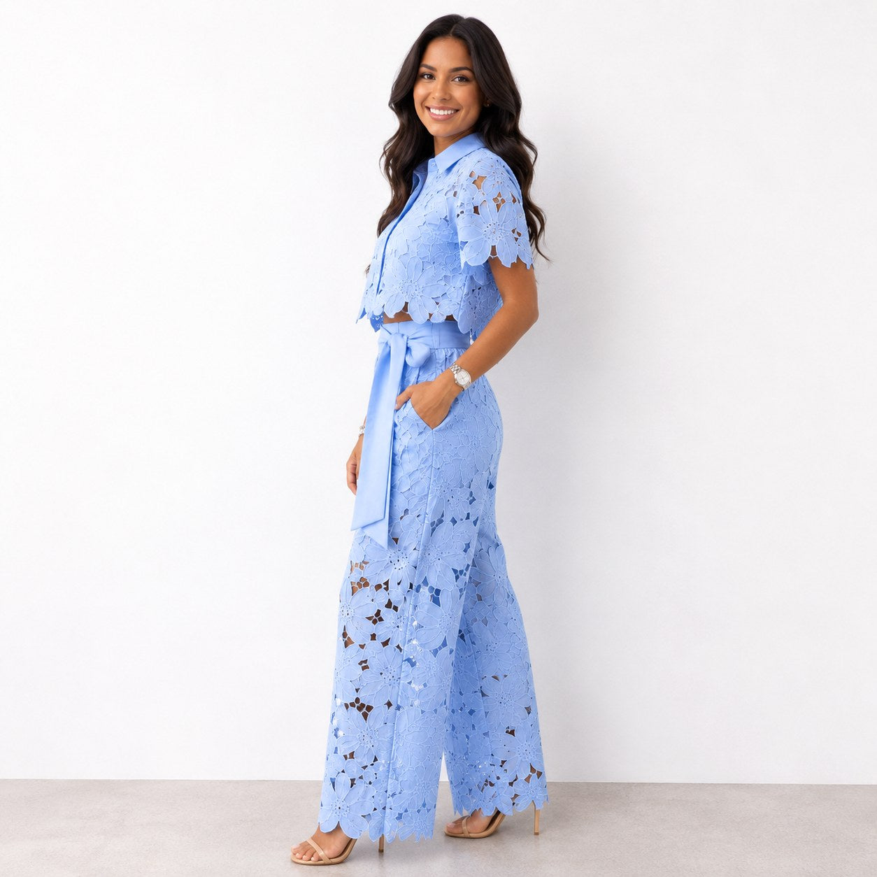Jasmine | Women's Floral Lace Two-Piece Set, Flowing Trouser Suit | Dressific