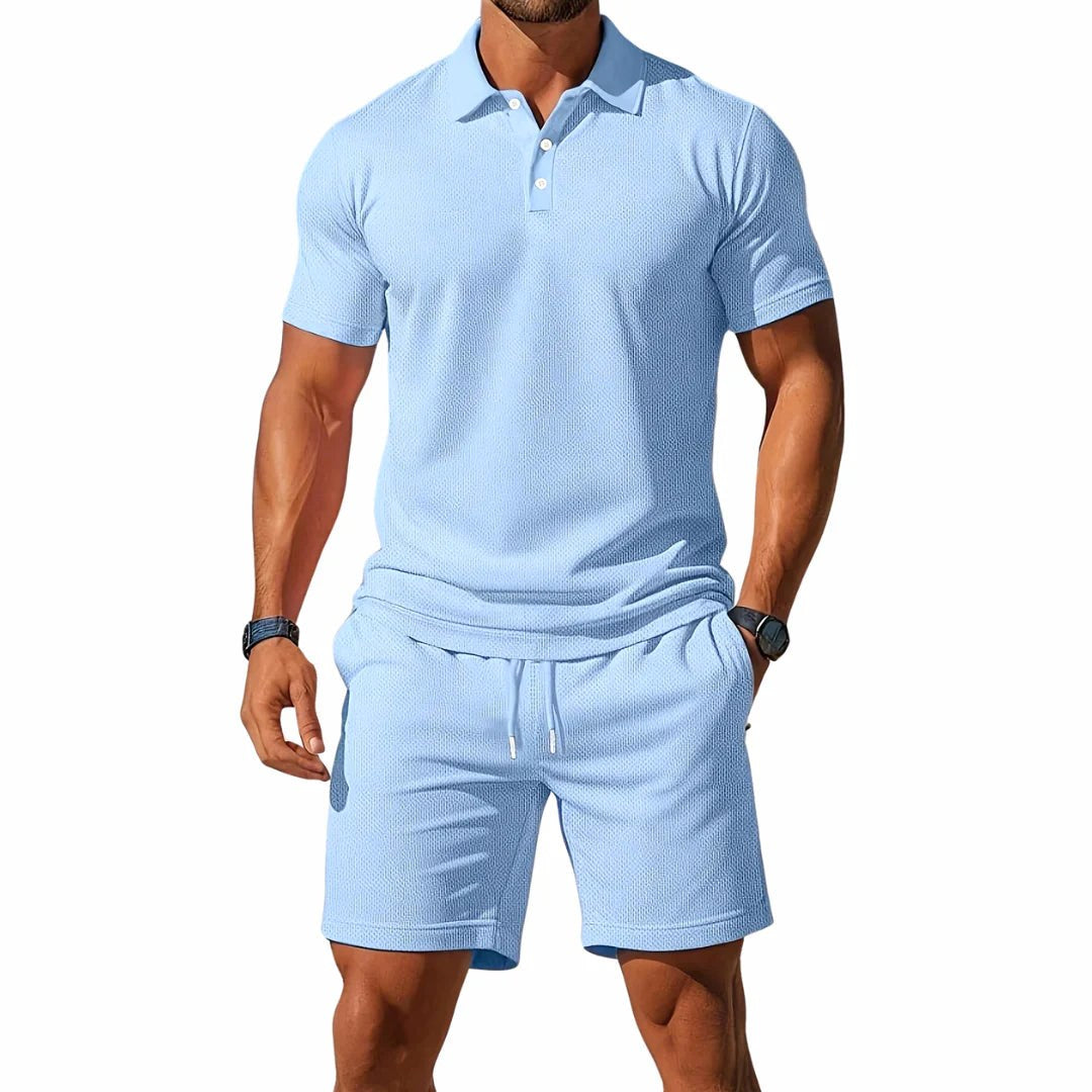 Jaxon | Men's Breathable Two-Piece Polo Set, Short Sleeve Shirt and Shorts | Dressific | Lichtblauw