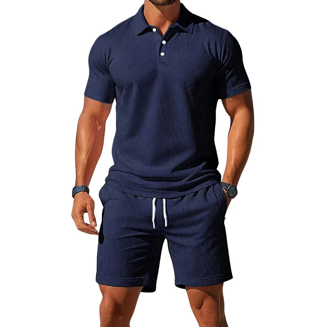 Jaxon | Men's Breathable Two-Piece Polo Set, Short Sleeve Shirt and Shorts | Dressific | Donkerblauw