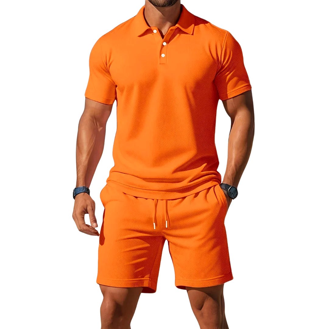 Jaxon | Men's Breathable Two-Piece Polo Set, Short Sleeve Shirt and Shorts | Dressific | Orange