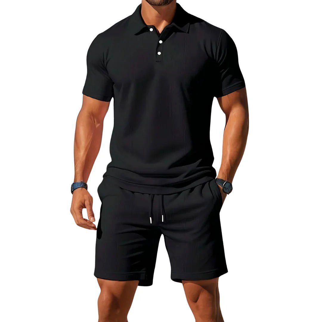Jaxon | Men's Breathable Two-Piece Polo Set, Short Sleeve Shirt and Shorts | Dressific | Zwart