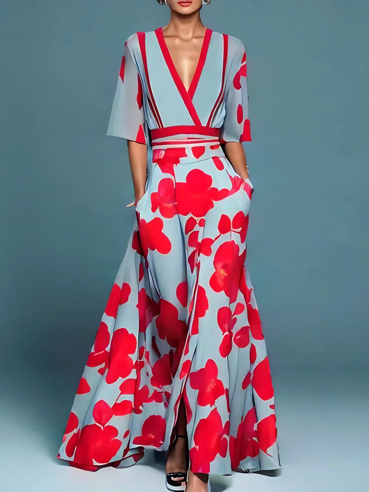 Jemma | Women's Floral V-Neck Midi Dress, Long Romantic Print Dress | Dressific | Red